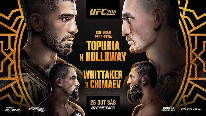 O campeão peso-pena Ilia Topuria defende seu título pela primeira vez em um combate contra o ex-campeão Max Holloway na luta principal do UFC 308, marcado para o dia 26 de outubro, em Abu Dhabi. O UFC Fight Pass transmitirá todo o evento com exclusividade, começando às 11 horas da manhã (horário de Brasília).